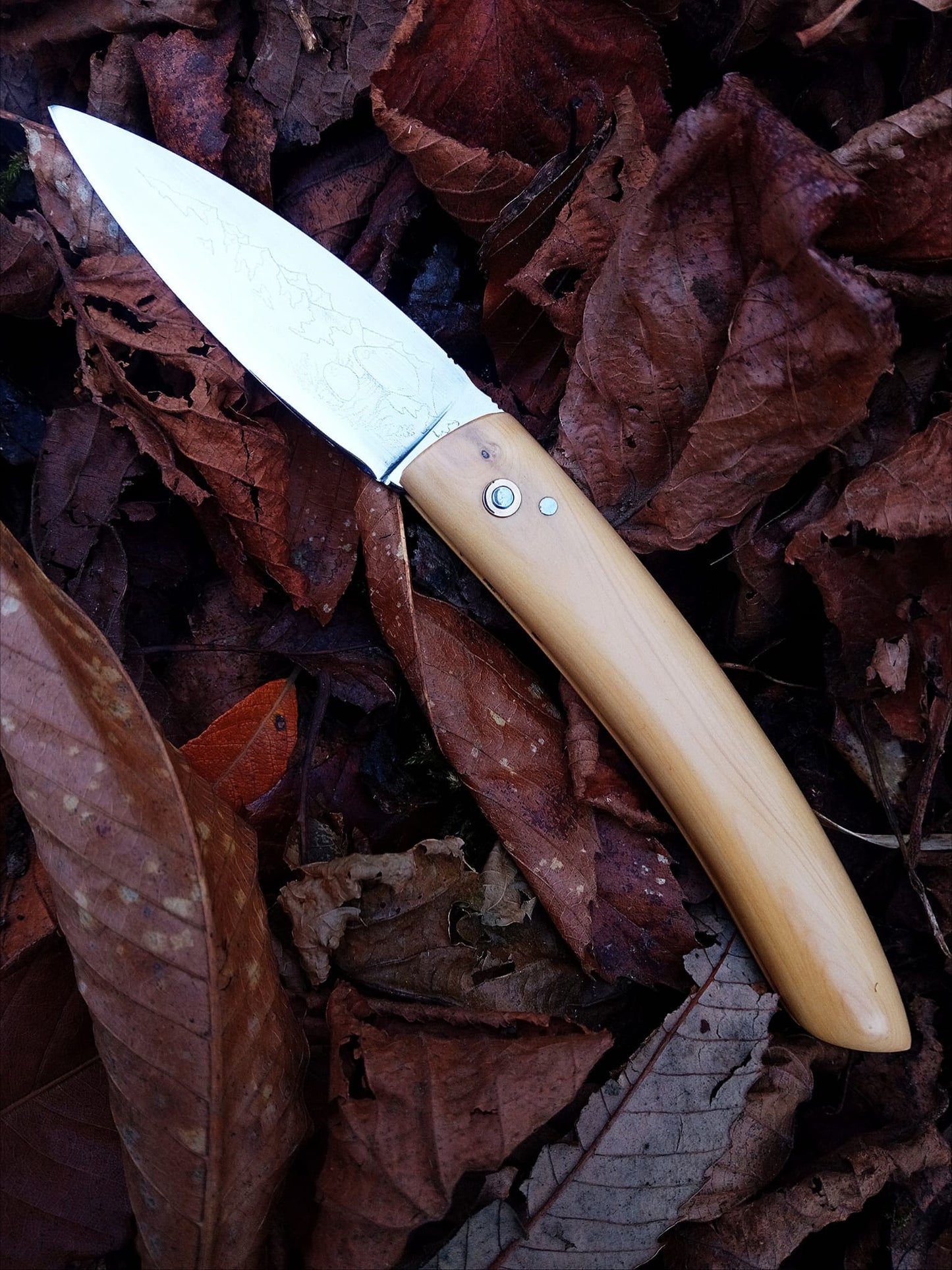Couteau à champignons artisanal – Noyer pyrénéen & symboles du Sud (pièce unique)