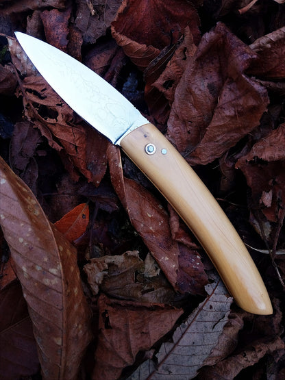 Couteau à champignons artisanal – Noyer pyrénéen & symboles du Sud (pièce unique)